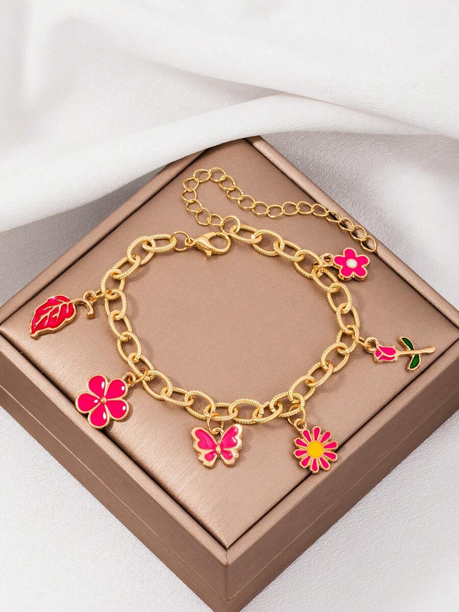 1pc Gold Oversized Stainless Steel Floral Butterfly & Sun Pendant Thick Chain Bracelet, Elegant Style For Women - Multicolor - View 1