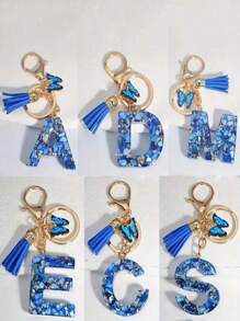 1pc Blue Alphabet Initial Letter Keychain Cute Butterfly Resin Key Chain Ring Bag Backpack Charm Car Key Pendant Women Daily Use Gift