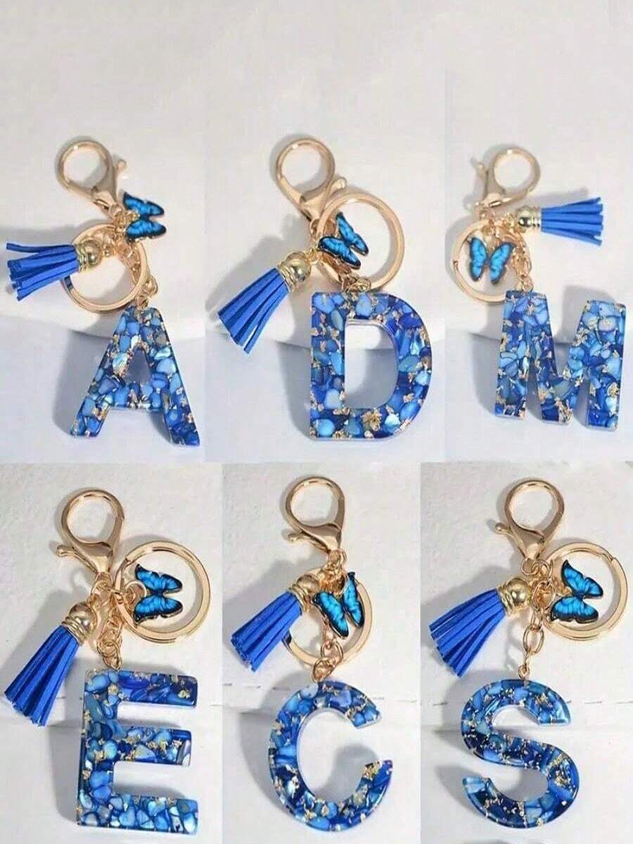 1pc Blue Alphabet Initial Letter Keychain Cute Butterfly Resin Key Chain Ring Bag Backpack Charm Car Key Pendant Women Daily Use Gift