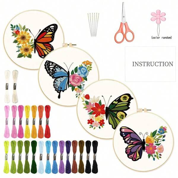 4pcs/Set Creative Flower & Butterfly Theme Embroidery DIY Kit With Floral Pattern, Suitable For Beginners And Craft Lovers, Includes 4 Pieces Printed Embroidery Cloths, An Embroidery Hoop, Enough Thread And Instructions (Some Embroidery Accessory Colors Are Random)