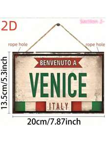 1 pièce Panneau mural style vintage en bois - "Bienvenue à Venise", 13,5 x 20 cm, fond blanc vieilli avec rayures vertes, rouges et aux couleurs du drapeau italien. Convient pour la décoration de style ferme, restaurant, bar, café, style Renaissance. Peinture plate parfaite pour la décoration de la pièce