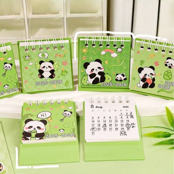 Calendario de escritorio mini 2025-2026, diseño de panda verde de dibujos animados, calendario con estilo de volteo para Año Nuevo, decoración de escritorio para oficina, escuela, recordatorio de vacaciones y fechas importantes, soporte triangular para estabilidad
