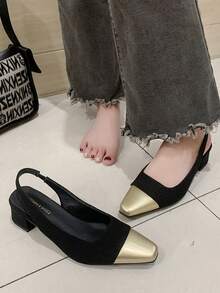 Elegantes tacones altos de punta cuadrada, sandalias de empeine francés para mujer, zapatos de vestir con tacón grueso nueva temporada de primavera - Negro - Ver 3