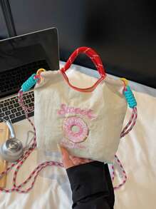 时尚女士手提包，新款单肩包，小众设计，休闲斜挎包，简约时尚手提包，舒适尼龙面料，纯色设计，刺绣装饰，开口设计，可调节和可拆卸肩带，宽敞时尚水桶包 - 白色 - 查看 4