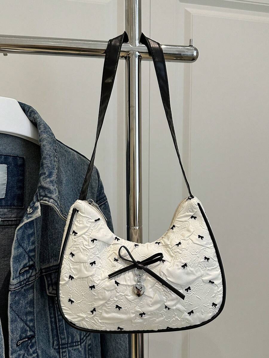 Foldable PU Leather Clutch Shoulder Bag, Decorated With Metal Bow Tie, Suitable For Daily Outings And Casual Dates, Cute And Elegant Small Bag Style, Crescent-Shaped Ladies Bag - White - View 1