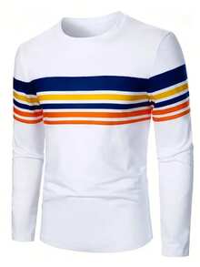 男士长袖 3D 印花 T 恤 - 休闲街头风格、健身和徒步装备、彩虹条纹设计、涤纶、可机洗、户外服装 | 条纹长袖 | 光滑面料