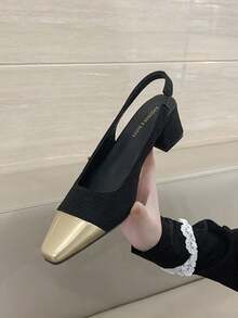 Elegantes tacones altos de punta cuadrada, sandalias de empeine francés para mujer, zapatos de vestir con tacón grueso nueva temporada de primavera - Negro - Ver 10