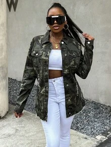 Áo khoác denim dài tay dáng rộng cho nữ cỡ lớn, cài cúc phía trước và có túi, họa tiết rằn ri, thích hợp cho mùa xuân. - Màu ngụy trang - Xem 5