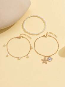 3 Peças/Conjunto Borla de Pérola Falsa Branca, Pingente de Estrela do Mar Shell, Tornozelo Dourado, Colar Multicamadas, Conjunto de Joias para Mulheres, Adequado para Uso Diário e Férias na Praia