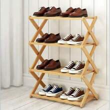 Kệ để giày và cây cảnh bằng tre tối giản 3/4 tầng - Thiết kế kệ thanh hình chữ X, tiết kiệm không gian cho phòng khách, ban công, lối vào, ký túc xá - Màu vàng - Xem 4