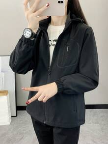 极简休闲户外软壳抓绒外套，女士款，防风防水透气保暖登山运动服，适合徒步、跑步、远足、冬季运动、滑雪等，黑色 - 黑色 - 查看 8