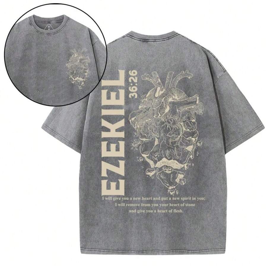 230g Double-Sided Washing, Giving Heart Printed T-Shirts, High-Quality Batik Cotton Vintage Fashion Brand T-Shirts, Men's T-Shirts, Beach Necessities, Summer T-Shirts, Holiday Gifts, Perfect Gifts. - 灰色 - 查看 1