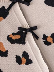 女童欧美豹纹蝴蝶结短款开衫针织衫，适合日常、派对、春秋冬