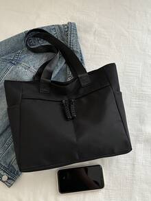 Bolsa de tela versátil y de moda de un solo color, bolso de hombro minimalista y casual con textura de color contrastante - Negro - Ver 7