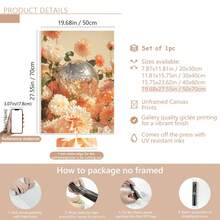 1 件无框桃色大丽花迪斯科球帆布墙饰，花卉多巴胺帆布装饰可打印，复古华丽植物印花，花卉家居礼品海报，海报，墙壁艺术，房间装饰用品，秋季，现代（可选框架）