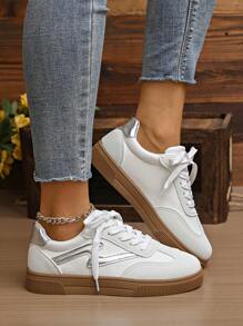Women's Round Toe Lace-Up Design Classic White Thick Sole Casual Sports Shoes, Retro Campus Style Versatile Non-Slip Sneakers For School, Gym, Outdoor Wear, 2025 New Arrival