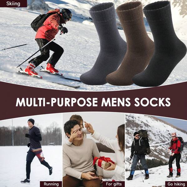 3/6 Pairs Of Men's Warm Thick Thermal Lined Hiking Socks, Soft And Comfortable For Cold Weather, Winter, Ski Winter Sports And Winter Outdoor Sports(Random Color)
