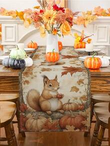 1pc/10pcs Autumn Squirrel & Maple Leaf Patterned Table Runner, Thanksgiving Table Runner, Harvest Festival Table Runner, Seasonal Home Decor, Farmhouse Style, Faux Linen Material, 33*91CM/33*183CM/33*274CM 3 Size Options, Indoor/Outdoor Party Supplies, Pumpkin Themed Decor, Room Decor. For Home Kitchen Decor & Event Party Decoration - Multicolor - View 7