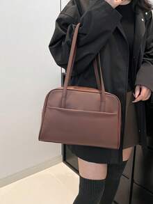1 件女士大容量纯色复古托特包腋下包，通勤休闲周末旅行度假多功能枕头包 - 棕色 - 查看 10