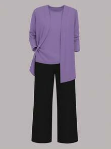 Bộ đồ 3 món cỡ lớn dành cho nữ, màu trơn, phong cách thường ngày: Áo khoác/áo cardigan + Áo không tay cổ tròn + Quần ống đứng cạp chun, chất liệu mềm mại, co giãn, dáng rộng, thoải mái khi đi làm, thích hợp cho mùa xuân/thu/đông và mùa hè thanh lịch. - Tím nhạt + đen - Xem 5