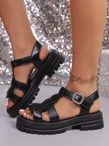 女士黑色露趾镂空透气厚底凉鞋，夏季户外运动凉鞋，水钻扣装饰，中跟舒适休闲运动凉鞋，厚底编织罗马凉鞋，角斗士凉鞋