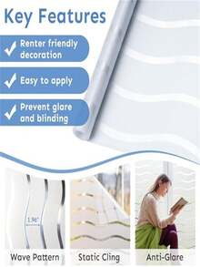 Window Privacy Film, Frosted Glass Window Film, Decorative Striped Glass Cling, Removable Static Cling Front Door Cover, UV Blocking Privacy Sticker, Wave Pattern - White - View 5