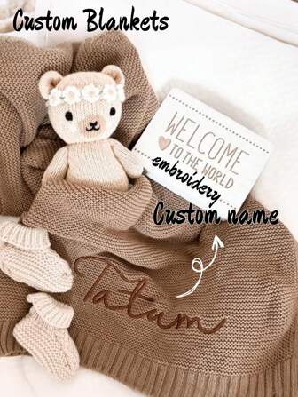 Customized Personalized Text Blanket, Personalized Name Blanket, Embroidered Car Seat Cover, Knitted Nap Blanket For Family Members - Children, Adults, Sofa Throw Blanket, Christening Gift, Birthday Gift, Gift For New Moms