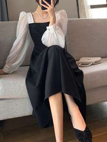 فستان بناتي أسود قصير الأكمام على الكتف بتنورة A مقاس طويل، أكمام منتفخة، رقبة مربعة، قصة فرنسية فاخرة شبه شفافة، مناسب للربيع والصيف والخريف، يصلح للارتداء اليومي والمناسبات الرسمية