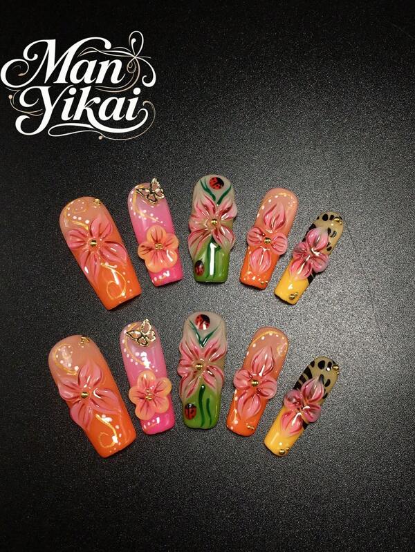 Each Set Includes 10 Y2K Square Press-On Nail Tips With Handcrafted Colorful Carvings Of Ladybugs, Green-To-Orange Gradient Butterflies, And Accessories. Available In 3 Sizes, Perfect For Summer Beach Manicures, Suitable For Parties, Dances, And Daily Wear. Comes With A Complimentary Nail Tool Kit.