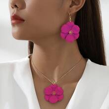 1 Set Asymmetrical Multi-Layer Metal Flower Pendant Necklace & Earrings, For Women - Hot Pink - View 4