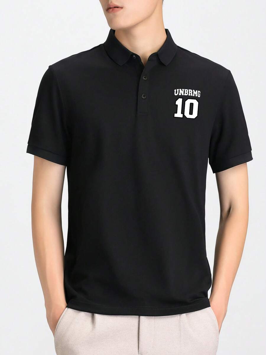 男士休闲纯色 Polo 衫，简约时尚，适合日常穿着 - 黑色 - 查看 1