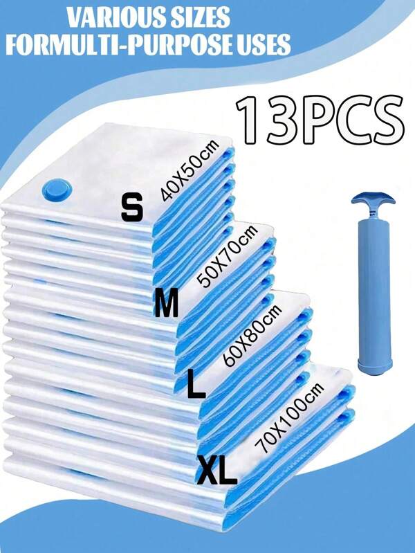 13pcs Thickened Vacuum Storage Bags, Transparent Design, Easy To Store Clothes And Quilts, Save Space, Sealed And Compressed, Dust-Proof And Moisture-Proof, Waterproof, Suitable For Storing Clothes And Bedding, Ideal Choice For Dormitories, School Season, Wardrobes, Moving And Other Occasions.