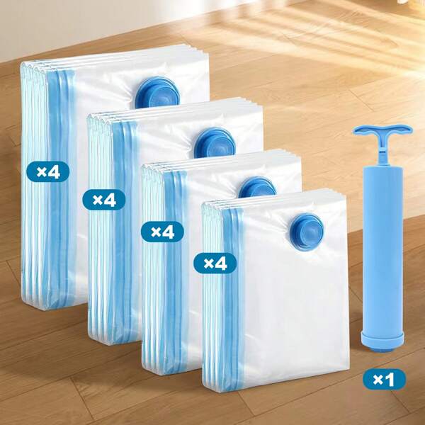 16pcs Vacuum Compression Storage Bag Set (4 X-Large/4 Large/4 Medium/4 Small, With Blue Manual Pump), Space-Saving Storage Bags For Clothes, Bedding & Household Items, No Electricity Required