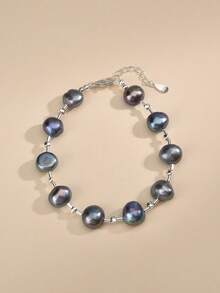 1条925纯银天然珍珠手链，适合婚礼、订婚、新娘、母亲节、情人节、生日礼物 - 黑色 - 查看 2