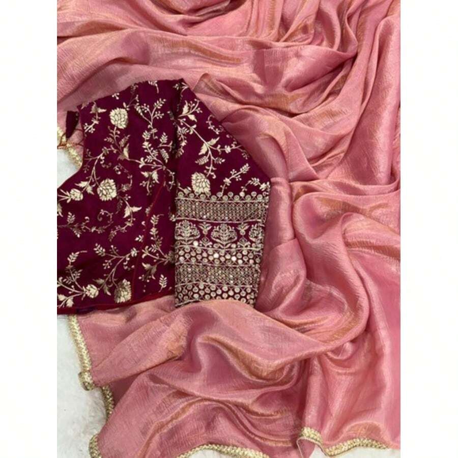 Pink Blush Tissue Saree With Readymade Stitched Blouse - Pink - View 1