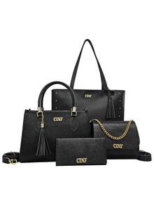 4 件装手提包挎包斜挎包零钱包，女士最佳工作包绗缝细节包套装，女包套装，书包套装，大容量，便携，商务休闲，适合少女女大学生，非常适合返校、大学、中学、高中、工作、商务、通勤