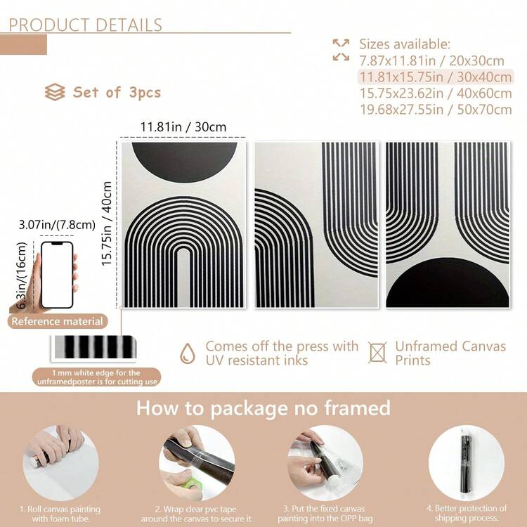 3 件/套无框帆布画和海报，波西米亚现代抽象线条几何艺术，家居装饰，壁画，房间装饰，高分辨率印刷品，节日礼物，客厅，卧室，餐厅，办公室装饰墙艺术，海报，墙壁艺术，房间装饰用品，秋季，现代（可选框架） - 黑色 - 查看 17