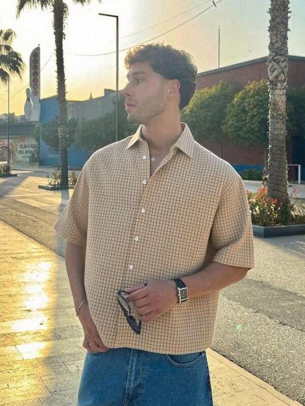 Men's Checkered Short Sleeve Single-Breasted Casual Shirt, Summer