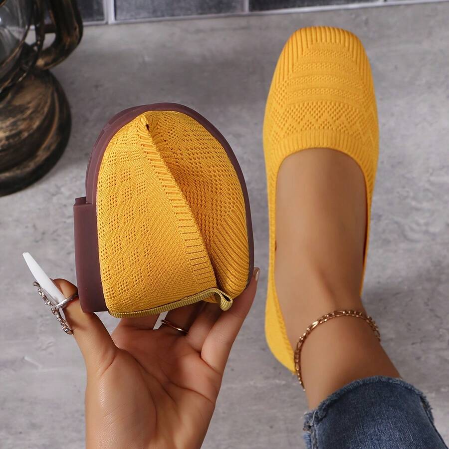 Women'S Black Woven Fabric Slip-On Flats - Casual Square Toe Shoes For Indoor & Outdoor Wear, All-Season Comfort With Rubber Sole, Breathable & Stylish Design - 金黃色 - 查看 1