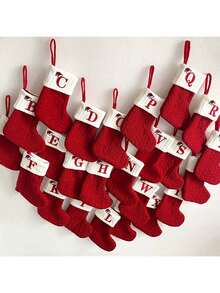 1pc Embroidered Letter Knitted Christmas Stocking Candy Gift Bag, Red,Christmas - Red - View 6