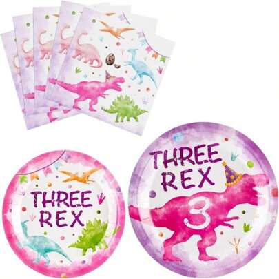 WERNNSAI Three Rex Birthday Decorations - 48 PCS 3rd Plates And Napkins Pink Dinosaur Birthday Decorations Dino Party Supplies Dinosaur Party Favors For Girls Serves 16 Guests