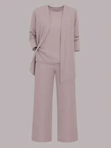 Conjunto informal de 3 piezas para mujer talla grande: Chaqueta/Cárdigan + Top sin mangas de cuello redondo + Pantalones rectos de cintura elástica, de tela suave y elástica, corte holgado, cómodo para ir al trabajo, primavera/otoño/invierno