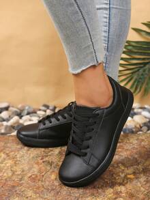 Women's Wide Toe Box Athletic Shoes, Minimalist Style, Synthetic Leather Patchwork Decor, Front Lace-Up Barefoot Shoes, Suitable For Outdoor Sports - Black - View 3