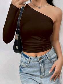 Women's Cropped Top T-Shirt Blouse With One-Shoulder Neckline Suplex Fabric Ideal For Going Out On Casual Romantic Elegant And Sophisticated Dates - 咖啡棕 - 查看 2