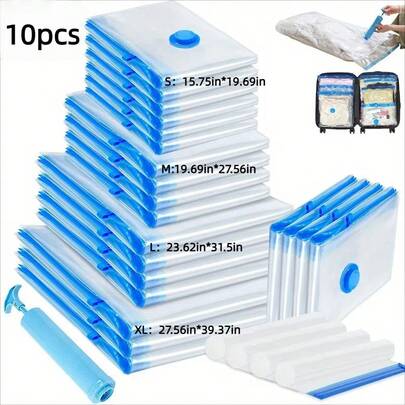 Set Of 10 Reusable Vacuum Bags With A Manual Pump, Perfect For Travel And Home Storage. Space-Saving Storage Bags For Clothes, Quilts, And Blankets - Made Of Durable Plastic, With Zipper Closure, No Electricity Required, And Transparent Design, They Easily Store Clothes And Quilts, Saving Space, Sealed And Compressed, Dust-Proof And Moisture-Proof,