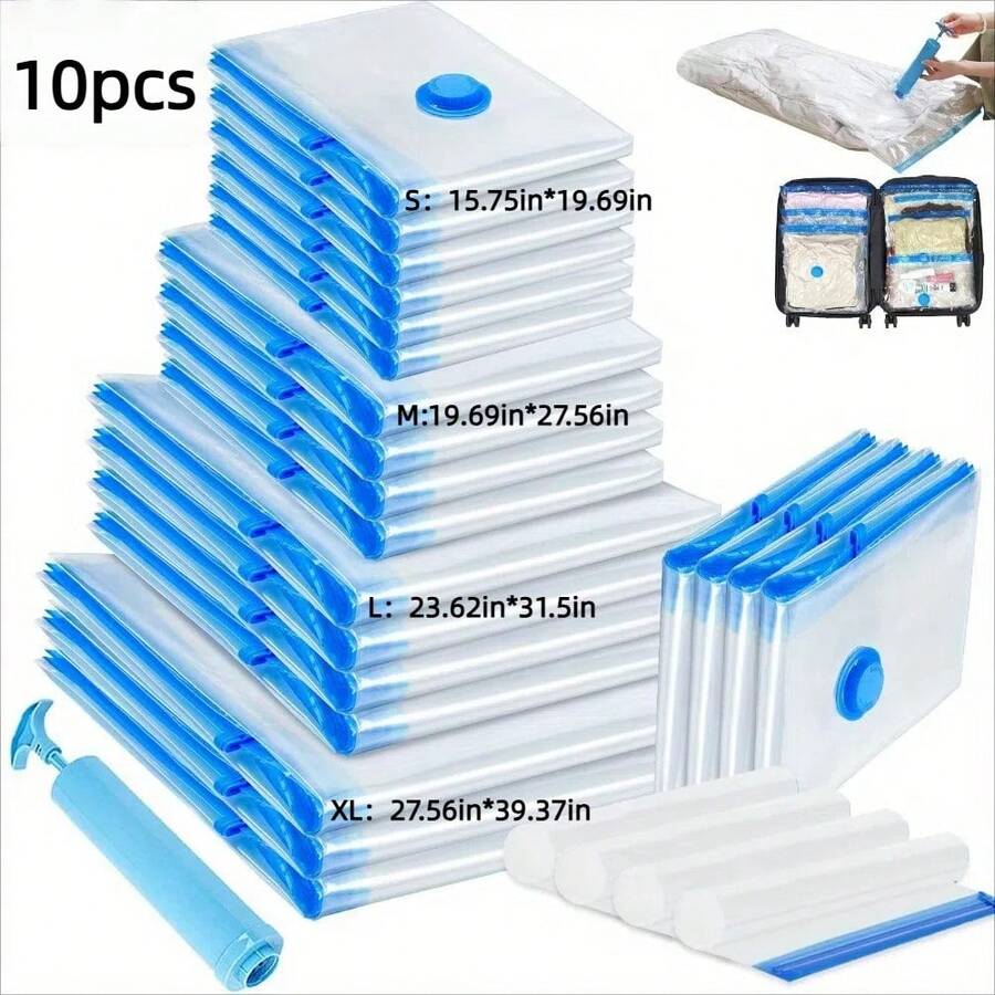 Set Of 10 Reusable Vacuum Bags With A Manual Pump, Perfect For Travel And Home Storage. Space-Saving Storage Bags For Clothes, Quilts, And Blankets - Made Of Durable Plastic, With Zipper Closure, No Electricity Required, And Transparent Design, They Easily Store Clothes And Quilts, Saving Space, Sealed And Compressed, Dust-Proof And Moisture-Proof,