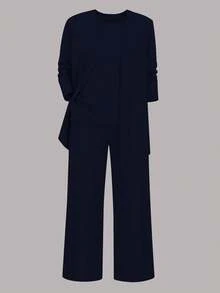 Bộ đồ nữ cỡ lớn 3 món màu trơn, phong cách thường ngày: Áo khoác/áo cardigan + Áo không tay cổ tròn + Quần ống đứng cạp chun, chất liệu mềm mại, co giãn, dáng rộng, thoải mái khi đi làm, thích hợp cho mùa xuân/thu/đông/hè. - Màu xanh hải quân - Xem 5