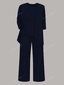 3pcs Set Including Women Casual Solid Color Jacket, Round Neck Sleeveless Top, Elastic Waist Drape Pocket Straight Pants, Commuting Set, Spring/Autumn/Winter