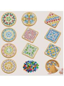 DIY Mosaik Fliesen für Basteleien, gemischte Farben Mosaik Sets mit Holz Untersetzer, handgemachte Glas Untersetzer Bastelsatz für Erwachsene, kreative handgemachte Heim Dekoration Geschenke. Beinhaltet runde & quadratische Bambus/Holz Tabletts, DIY Bastel-Materialien geeignet für Partys, Feiertage, Weihnachten