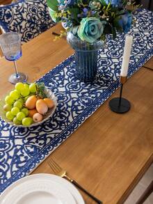1 pieza Camino de mesa rústico bordado con flecos, de doble capa - Perfecto para decoración de comedor, decoración de otoño, decoración de sala - Azul Marino - Ver 9
